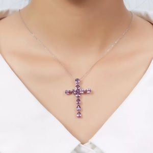 New Sterling Silver 925 Purple Crystal Rosary Cross Necklace